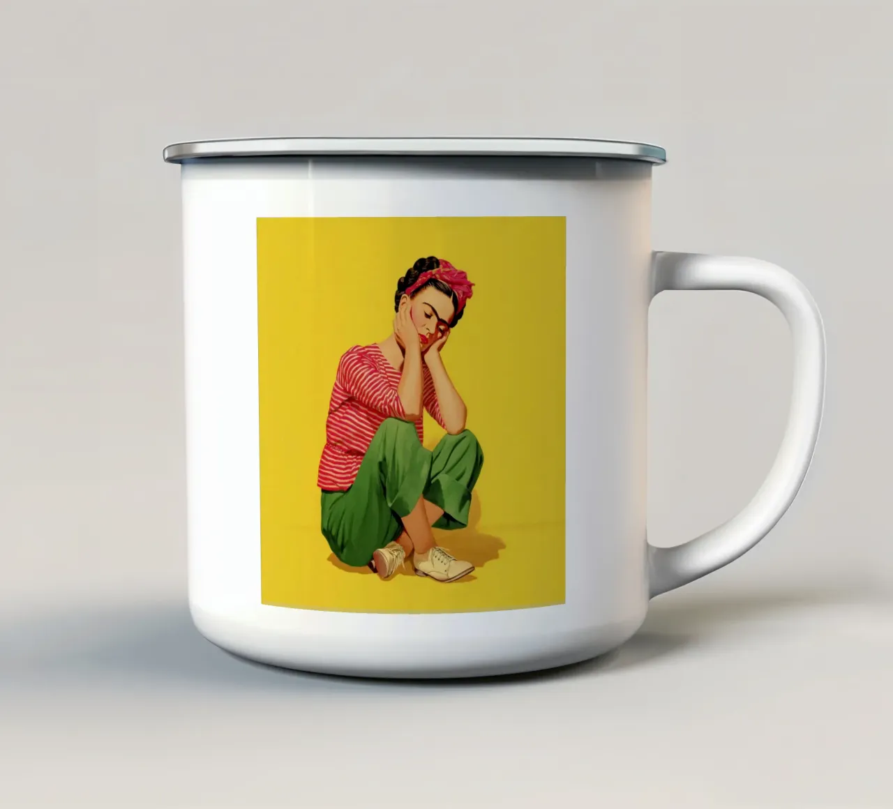 Ragazza messicana a righe con fiocco, opera d'arte retrò di tendenza tazza in smalto da Modern Muse
