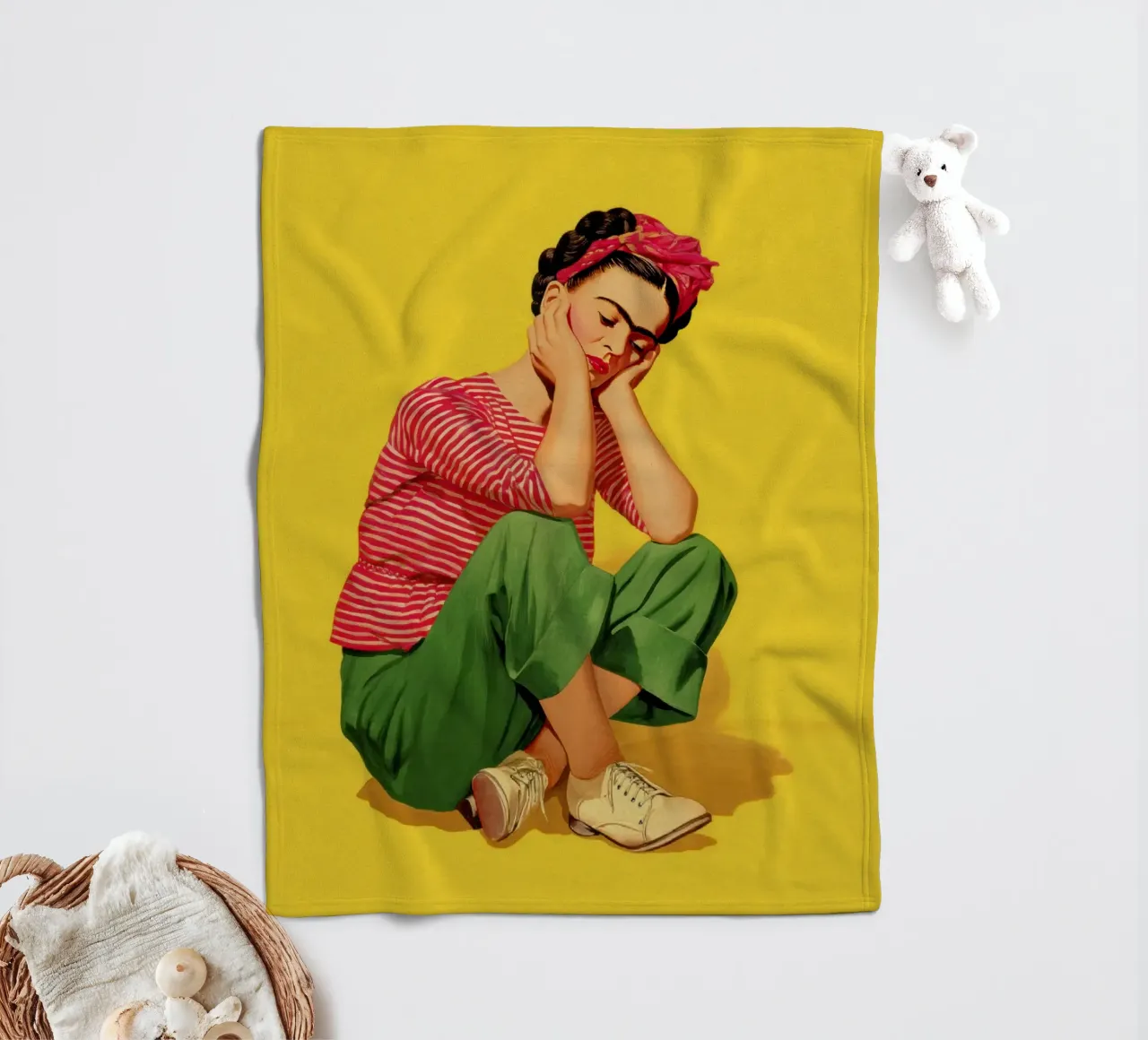 Ragazza messicana a righe con fiocco, opera d'arte retrò di tendenza coperta in pile da Modern Muse