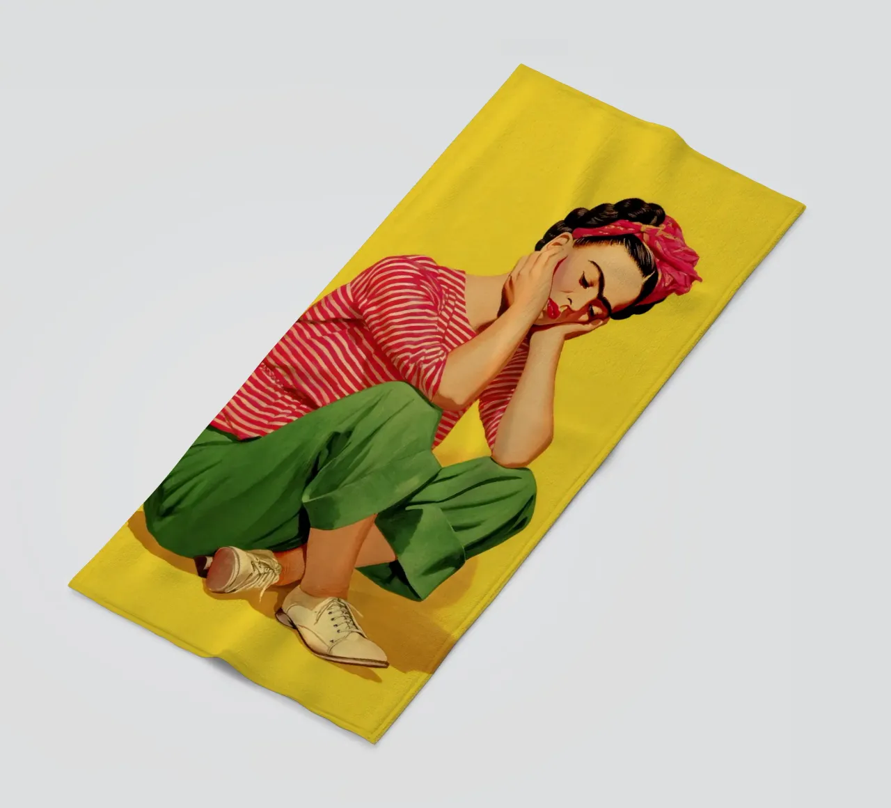 Ragazza messicana a righe con fiocco, opera d'arte retrò di tendenza telo mare da Modern Muse