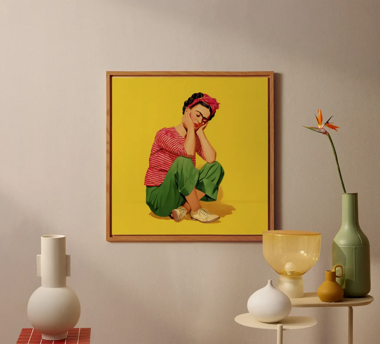 Ragazza messicana a righe con fiocco, opera d'arte retrò di tendenza alluminio dibond da Modern Muse