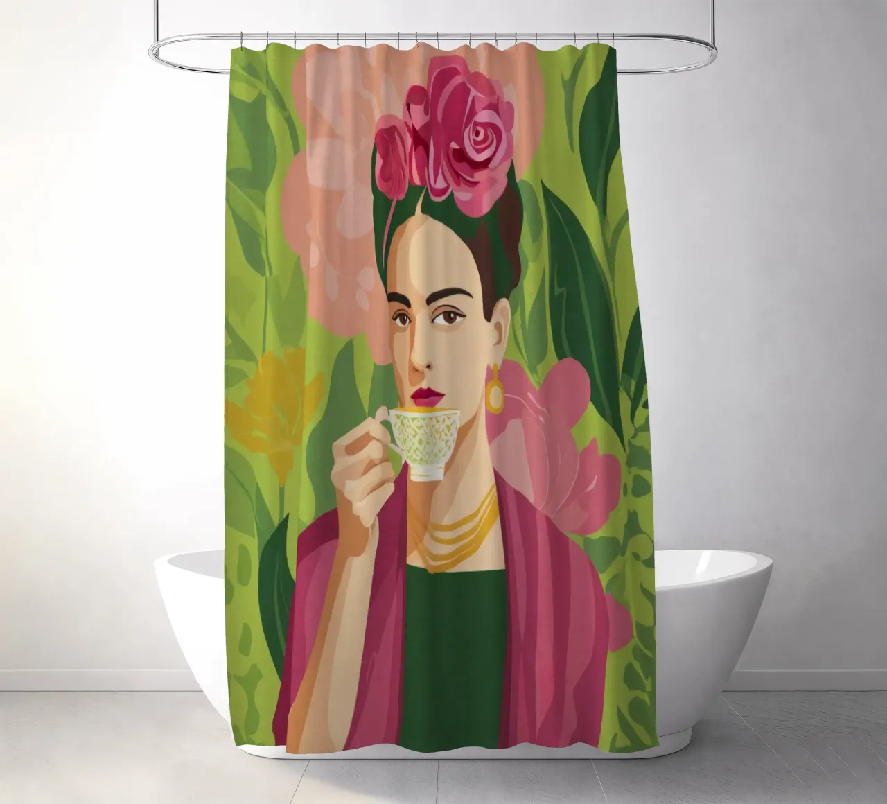 Pastel Mexican Girl with Tea, Modern Midcentury Vibe shower curtain by Modern Muse