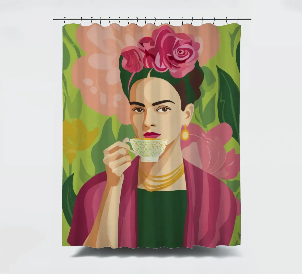 Pastel Mexican Girl with Tea, Modern Midcentury Vibe shower curtain by Modern Muse
