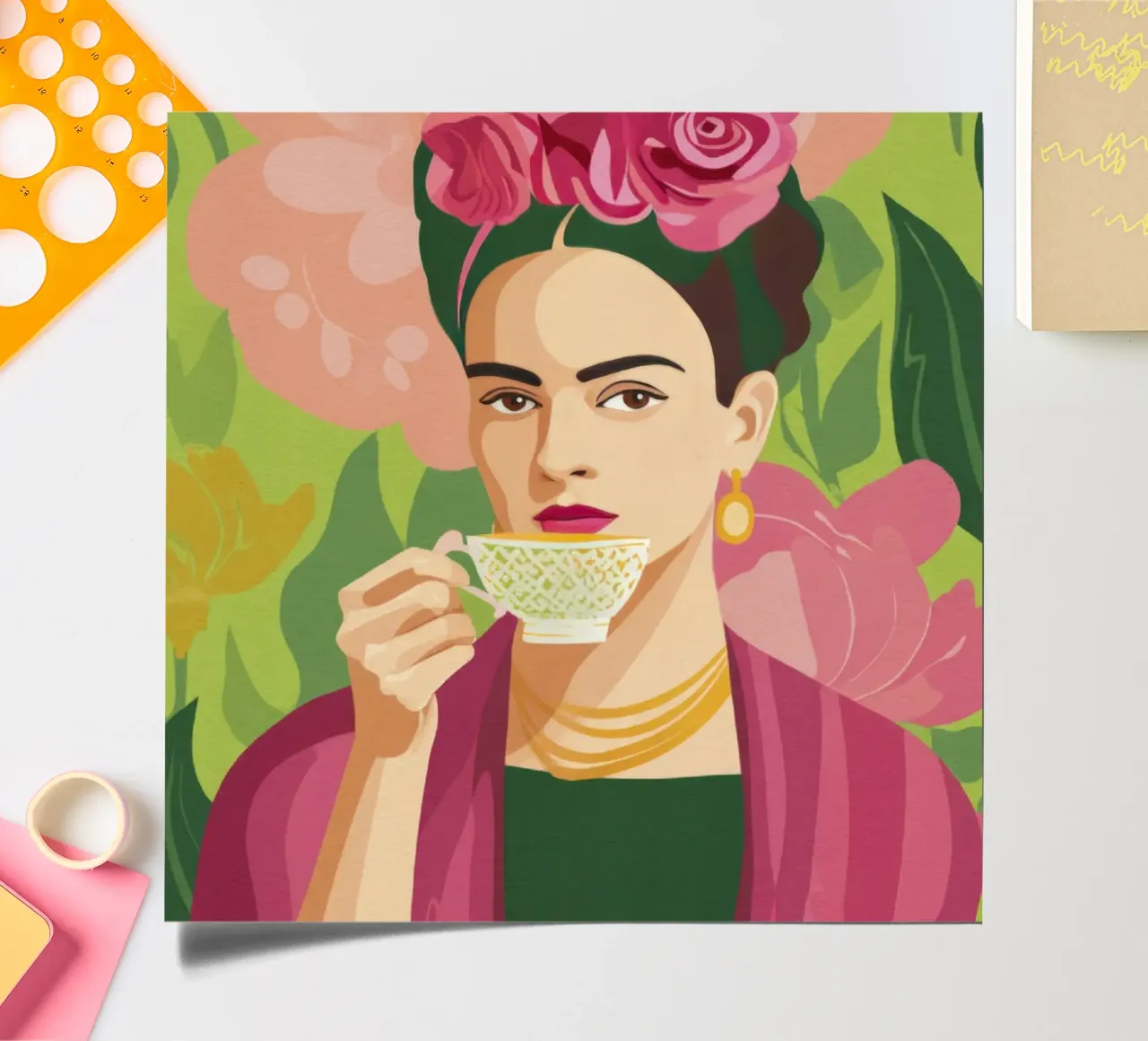 Pastel Mexican Girl with Tea, Modern Midcentury Vibe sticker sheet by Modern Muse