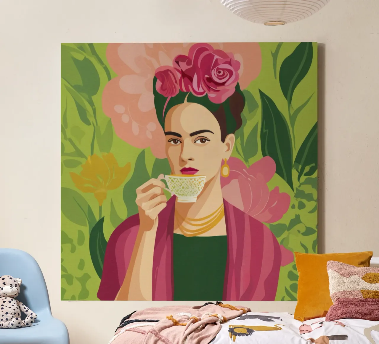 Pastel Mexican Girl with Tea, Modern Midcentury Vibe canvas by Modern Muse