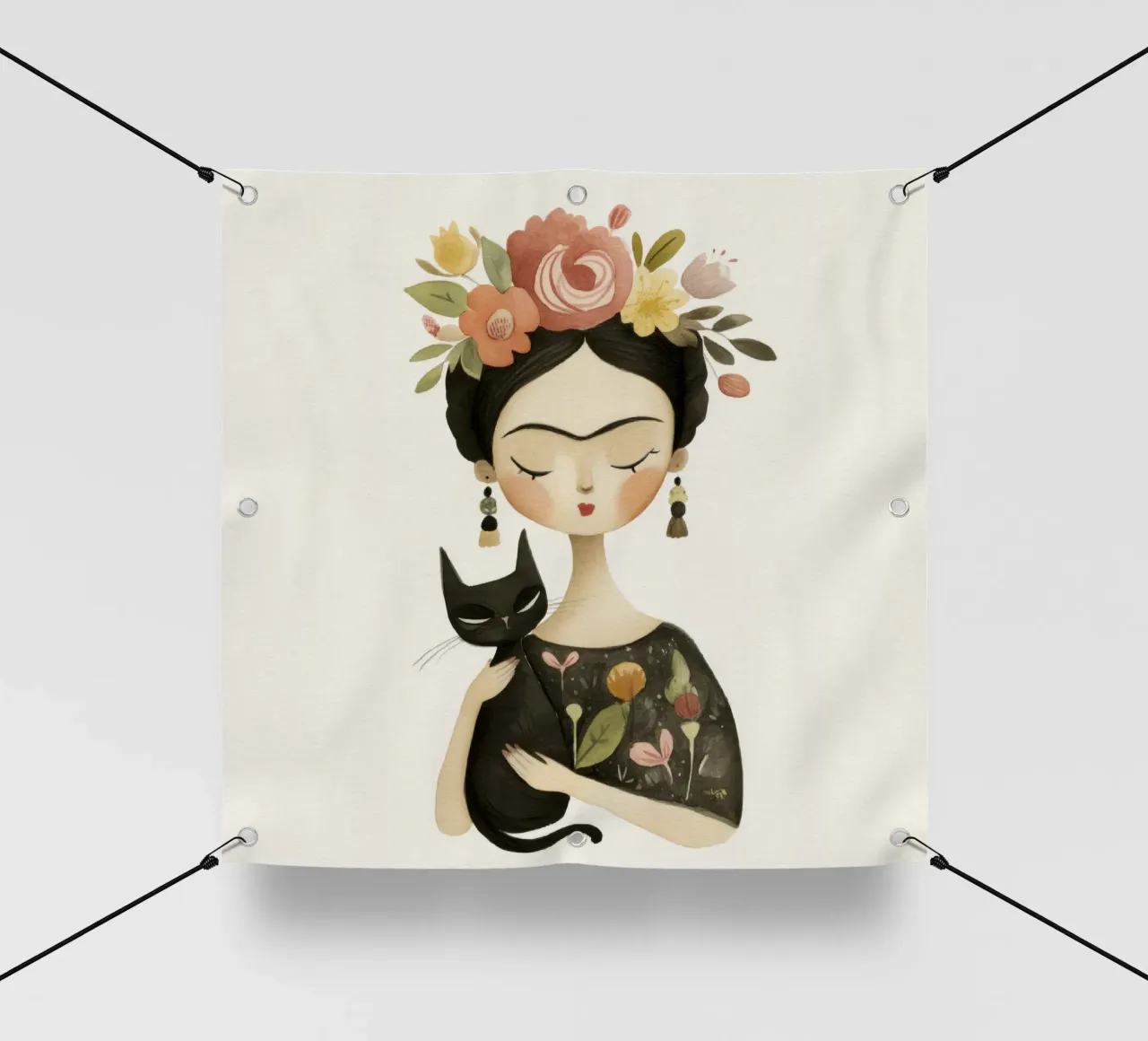 Ragazza stravagante e retrò con gatto nero e corona floreale telo in pvc da Modern Muse