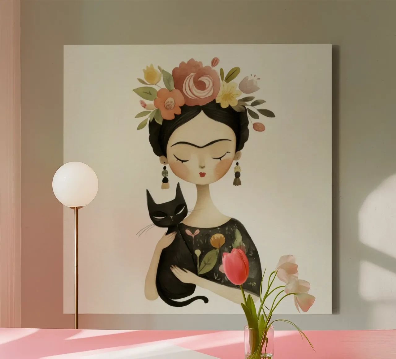 Ragazza stravagante e retrò con gatto nero e corona floreale tela con Cornice a cassetta da Modern Muse