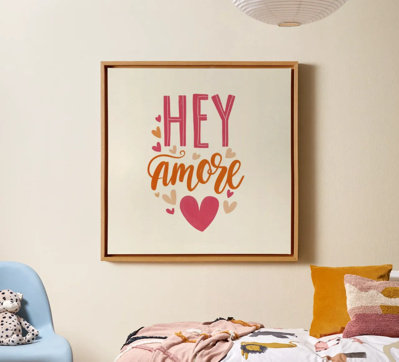 Hey Amore Typography in Pink & Orange with Hearts canvas with Floater frame by Modern Muse