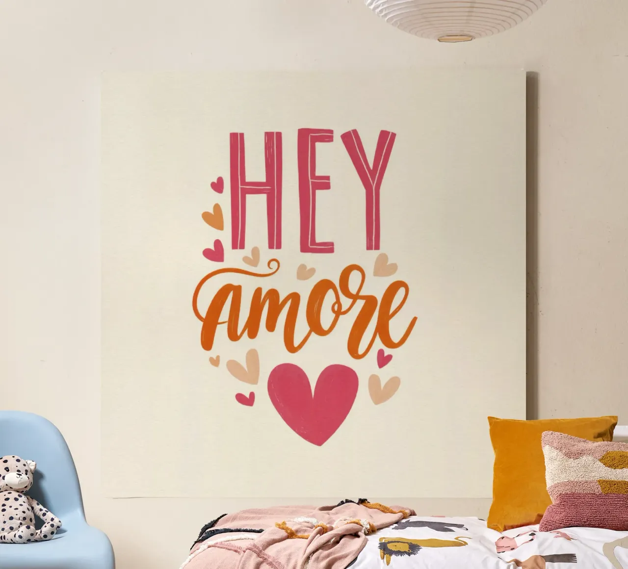 Hey Amore Typography in Pink & Orange with Hearts canvas with Floater frame by Modern Muse