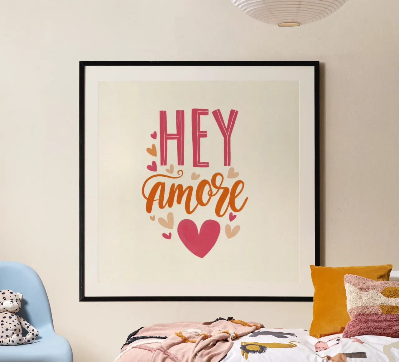 Tipografia Hey Amore in rosa e arancione con cuori poster da Modern Muse