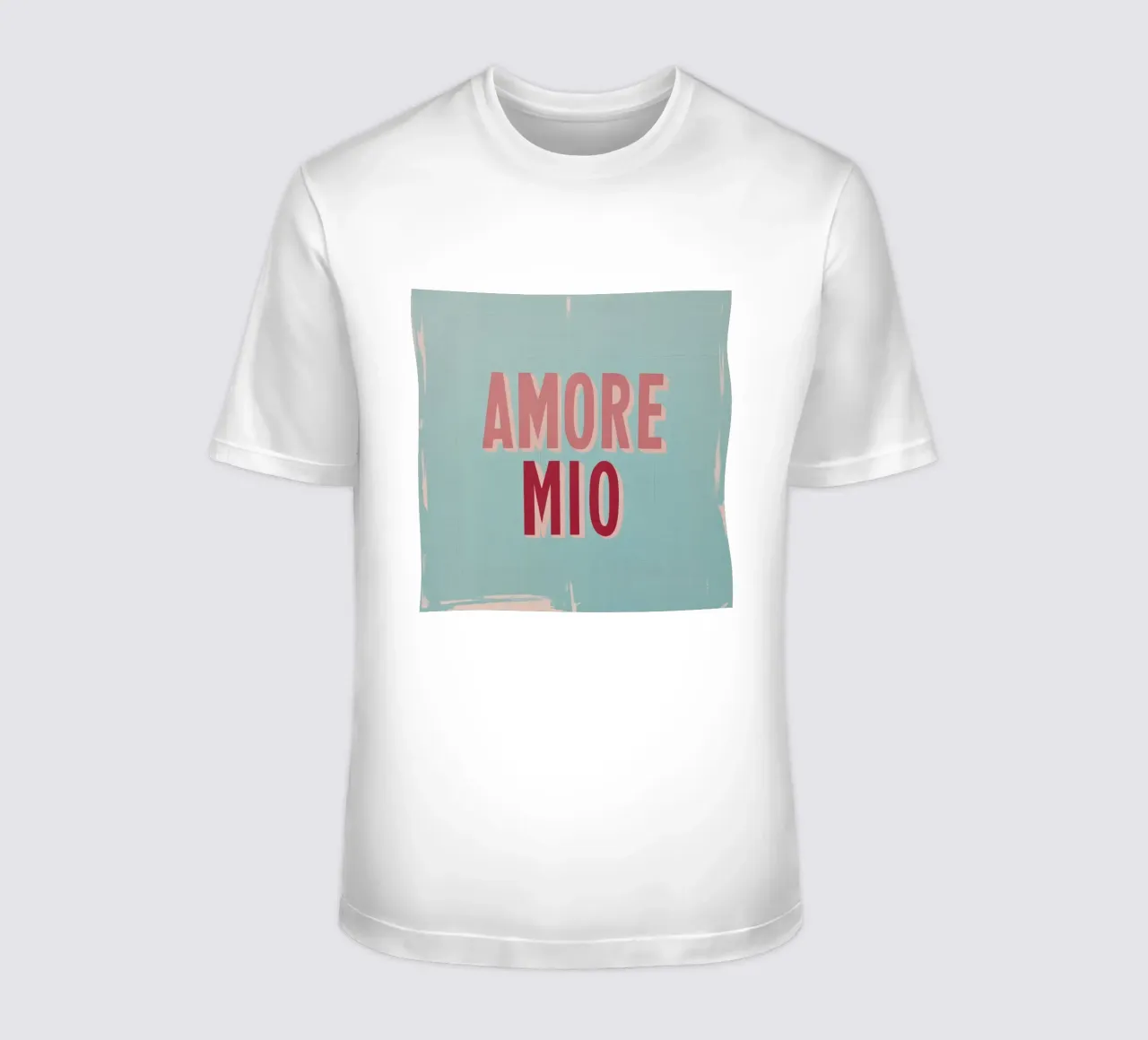 Amore Mio Retro 50s Text in Rosa & Rot auf Türkis T-Shirt von Modern Muse