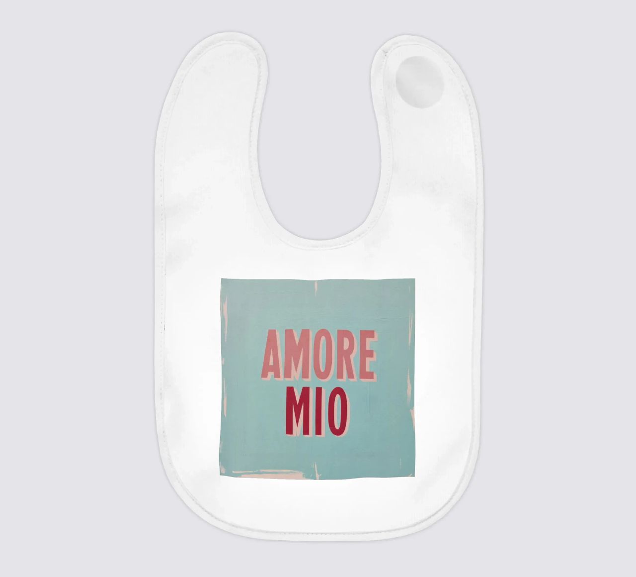 Amore Mio Testo retrò anni '50 in rosa e rosso su turchese bavaglino da Modern Muse