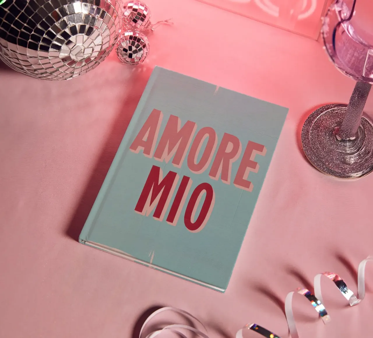 Amore Mio Retro 50s Text in Pink & Red on Turquoise notebook by Modern Muse