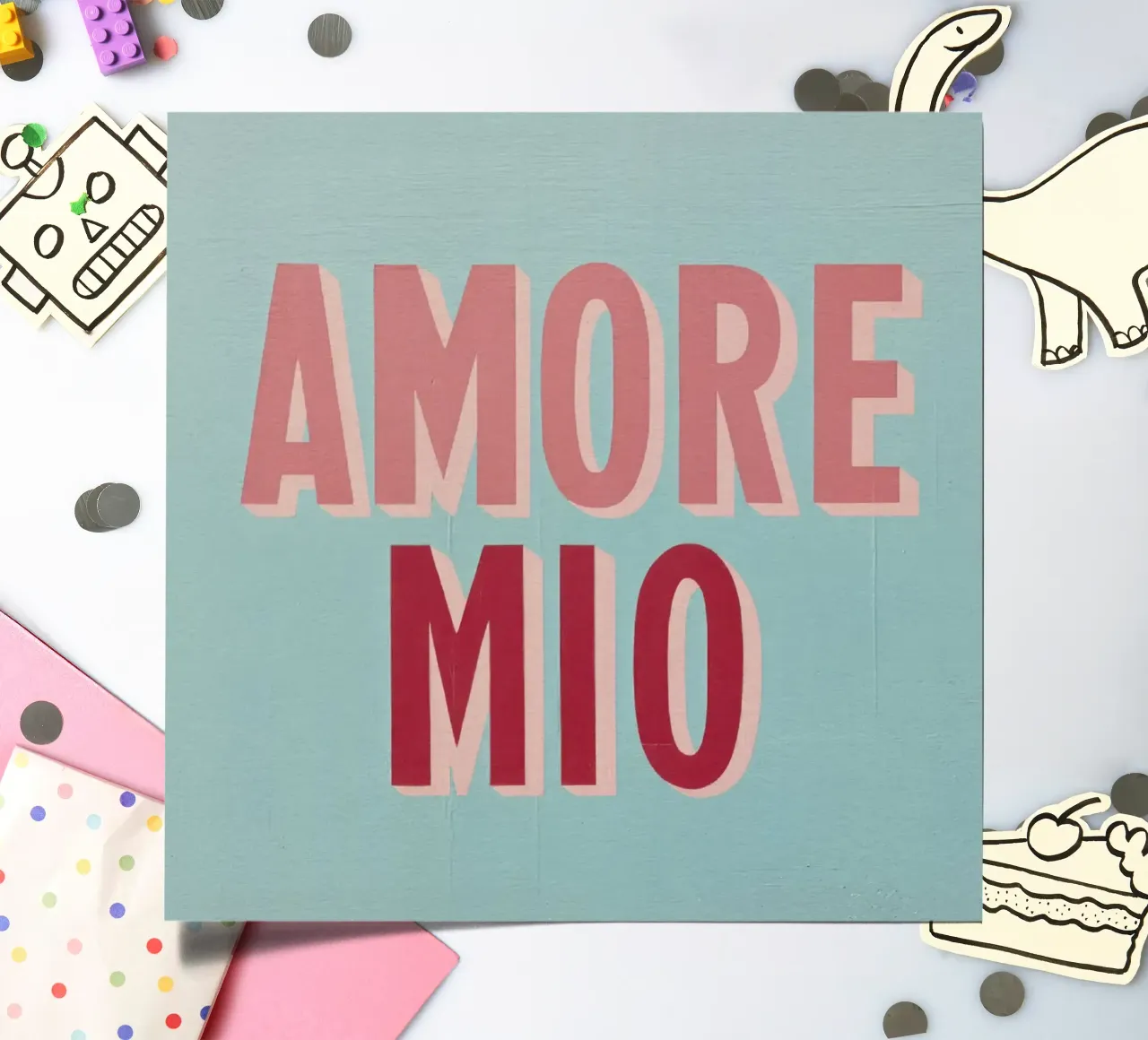 Amore Mio Retro 50s Text in Rosa & Rot auf Türkis Stickerbogen von Modern Muse