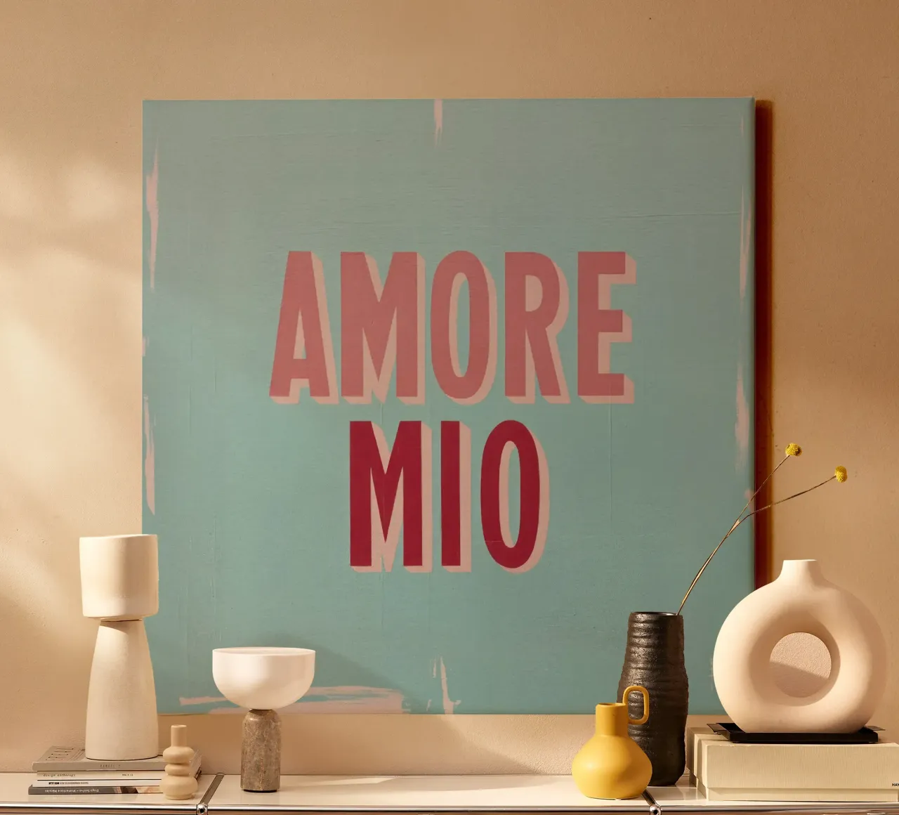 Amore Mio Retro 50s Text in Pink & Red on Turquoise canvas by Modern Muse
