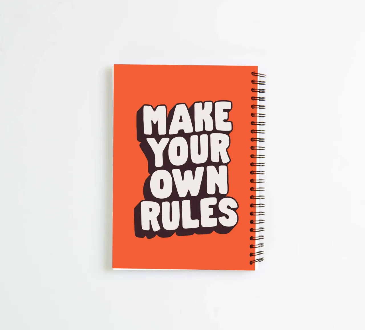 Make Your Own Rules Typography Print in Black White Orange spiral notebook by THE MOTIVATED TYPE
