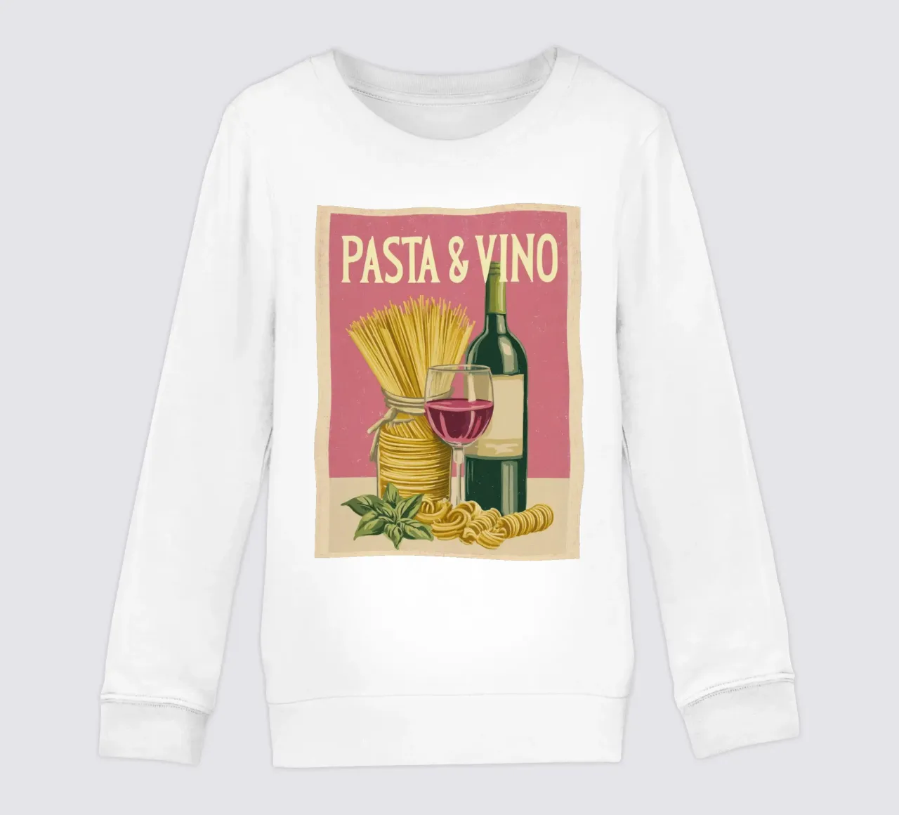 Pasta & Vino Retro Poster with Wine, Spaghetti & Basil felpa bambino da Modern Muse
