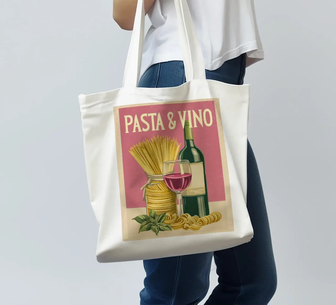 Pasta & Vino Retro Poster with Wine, Spaghetti & Basil borsa in juta da Modern Muse