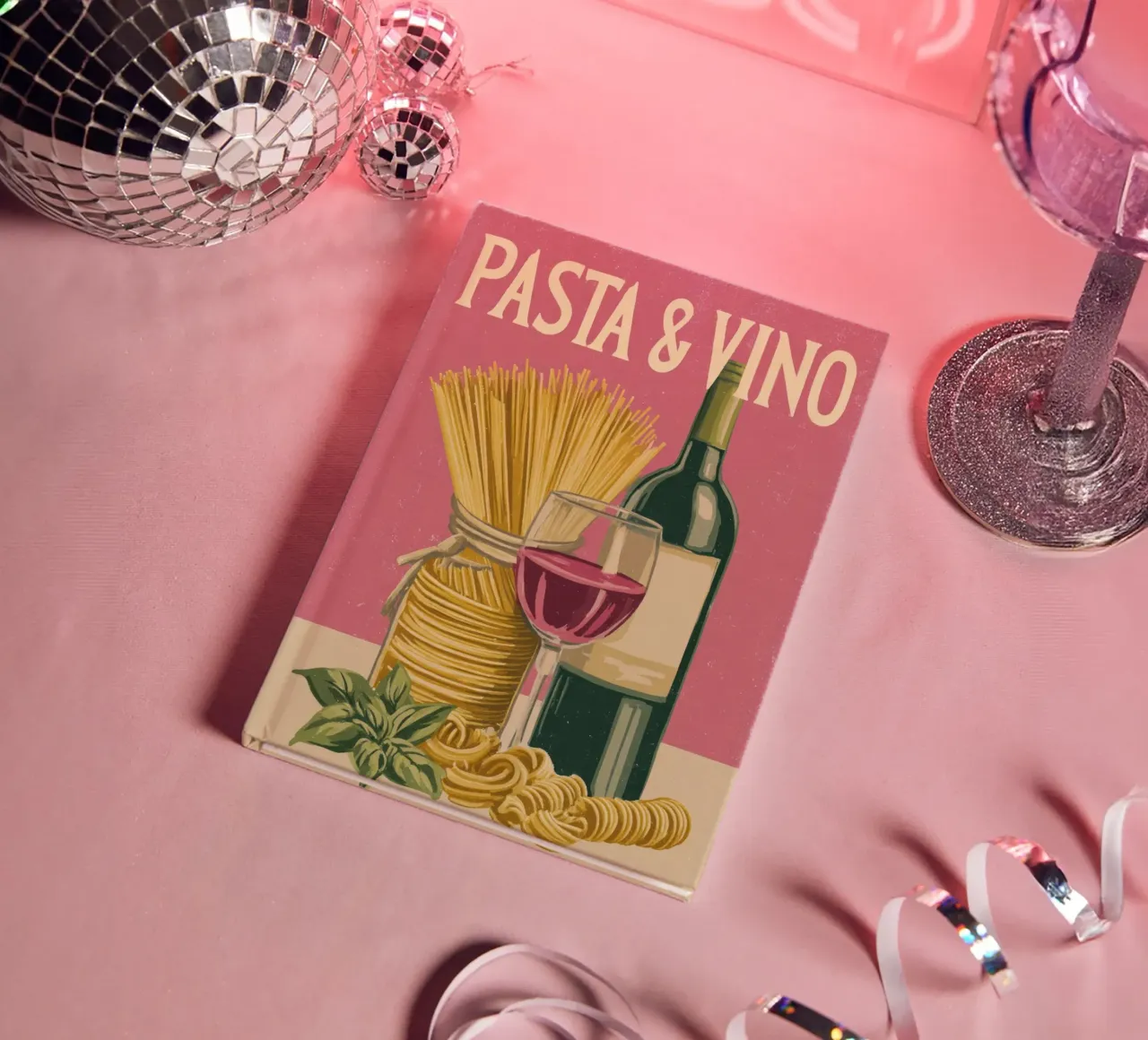 Pasta & Wine Retro Poster with Wine, Spaghetti & Basil notebook by Modern Muse
