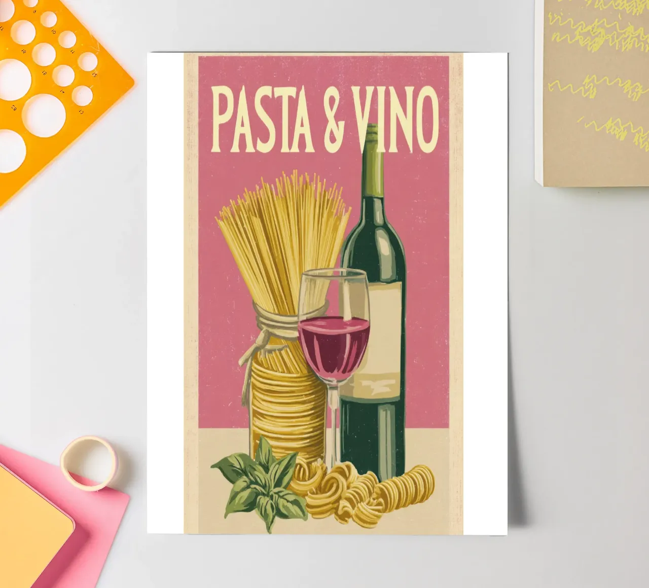 Pasta & Vino Retro Poster with Wine, Spaghetti & Basil foglio adesivo da Modern Muse