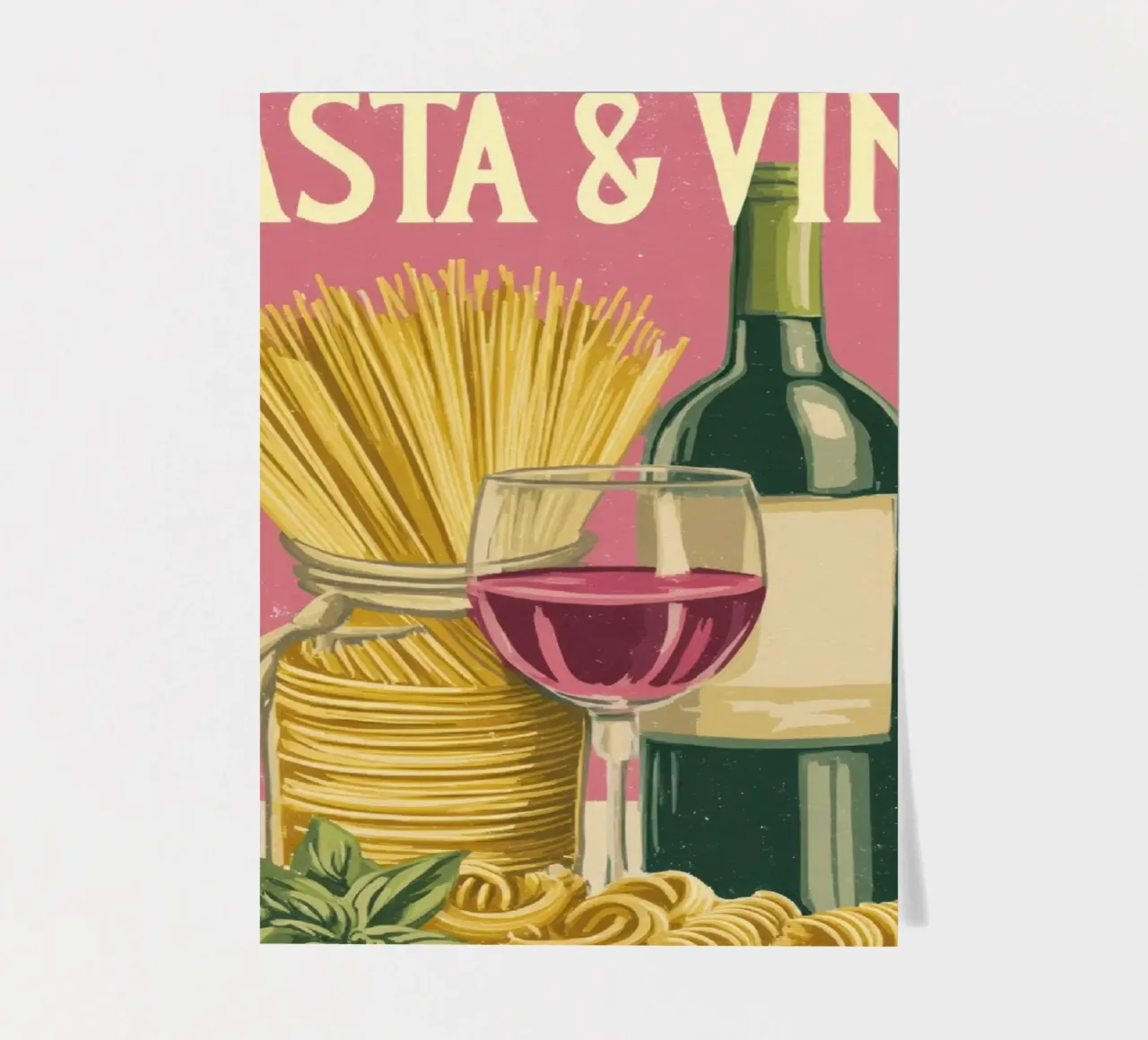 Pasta & Vino Retro Poster with Wine, Spaghetti & Basil foglio adesivo da Modern Muse