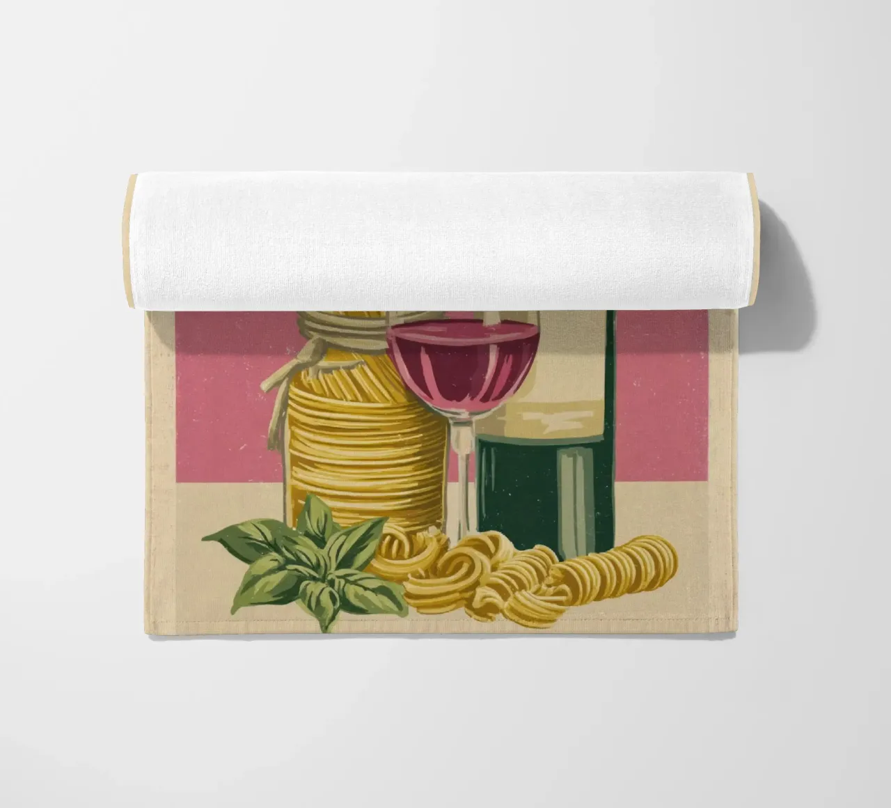 Pasta & Vino Retro Poster with Wine, Spaghetti & Basil telo mare da Modern Muse