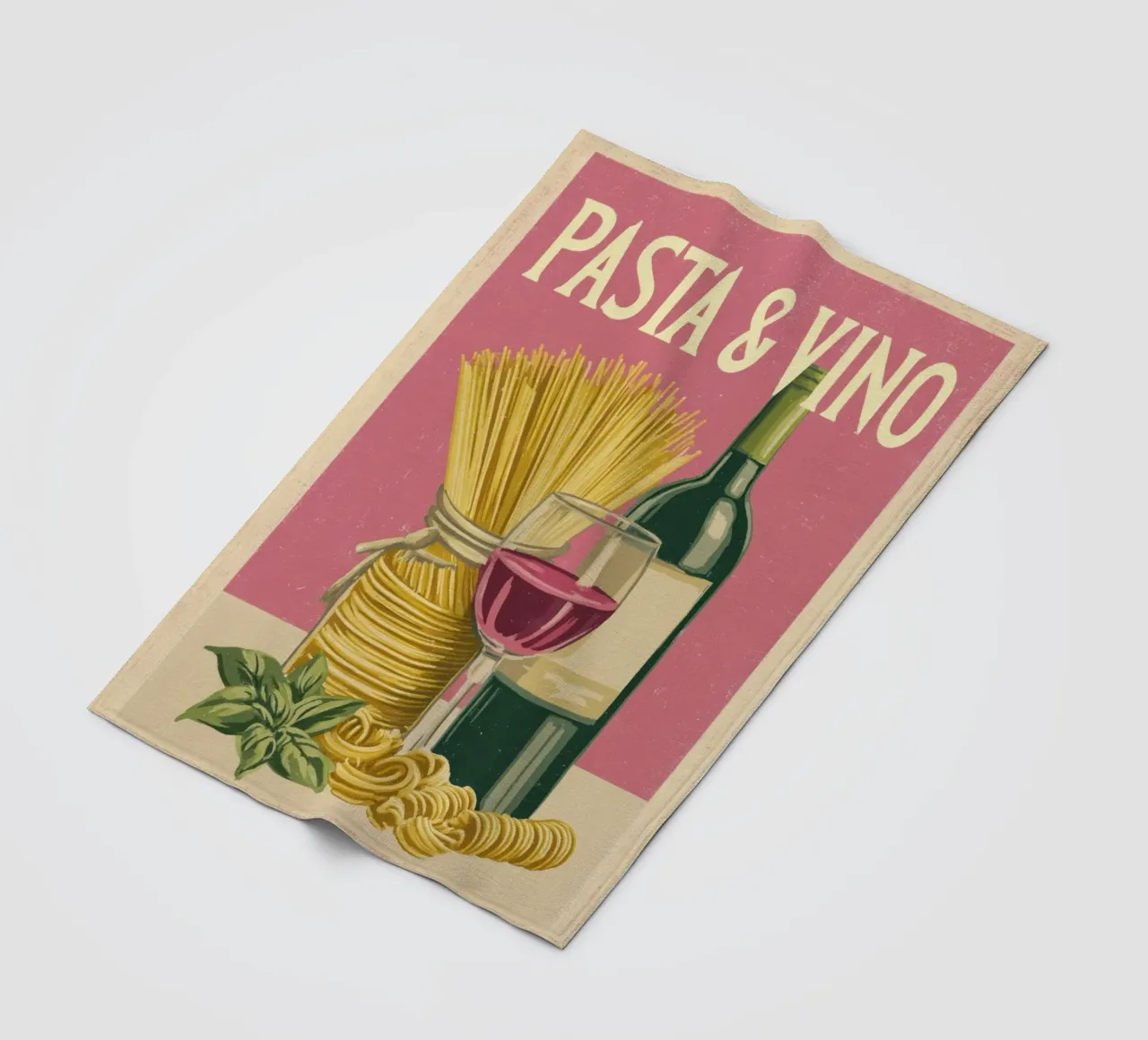 Pasta & Vino Retro Poster with Wine, Spaghetti & Basil coperta in pile da Modern Muse