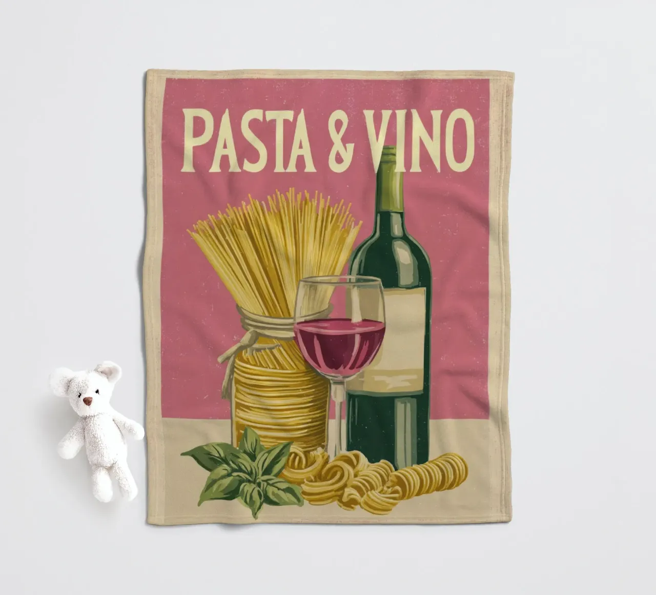 Pasta & Vino Retro Poster with Wine, Spaghetti & Basil coperta in pile da Modern Muse