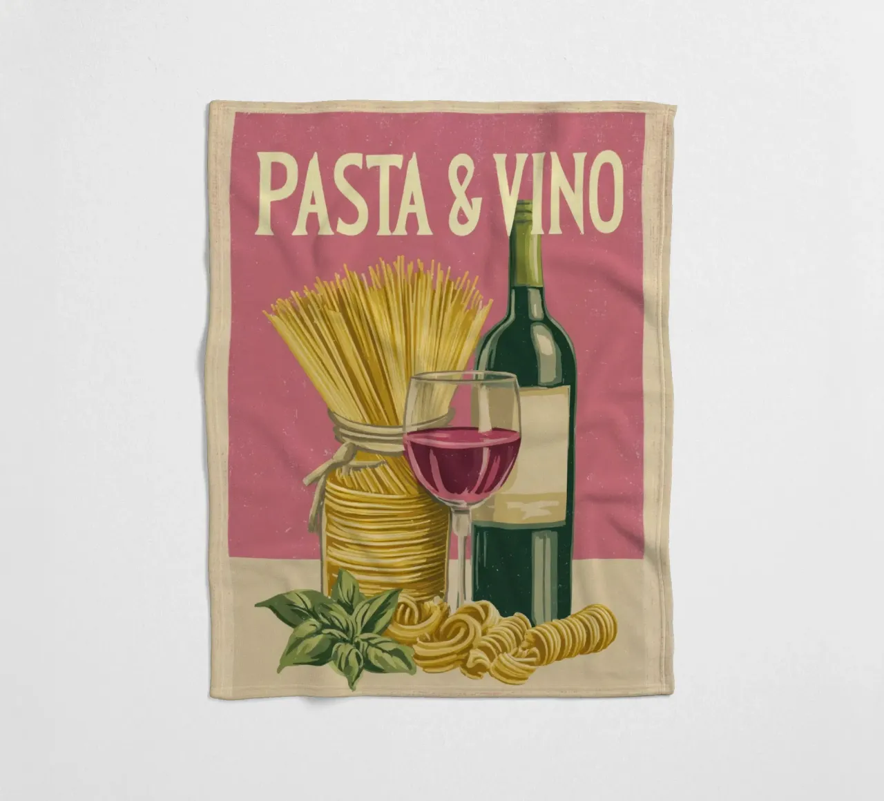 Pasta & Vino Retro Poster with Wine, Spaghetti & Basil coperta in pile da Modern Muse