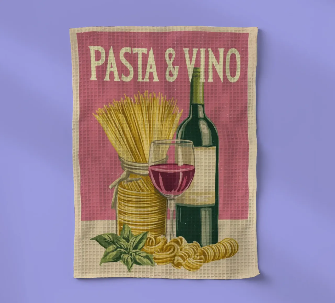Pasta & Vino Retro Poster with Wine, Spaghetti & Basil canovaccio da cucina da Modern Muse