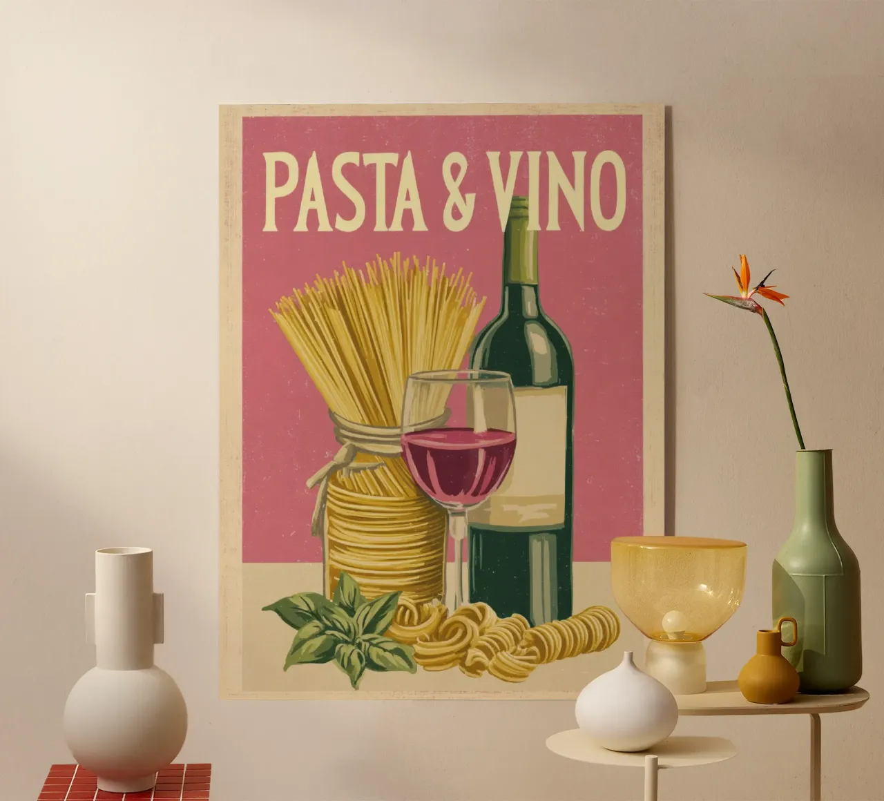 Pasta & Vino Retro Poster with Wine, Spaghetti & Basil plexiglass da Modern Muse