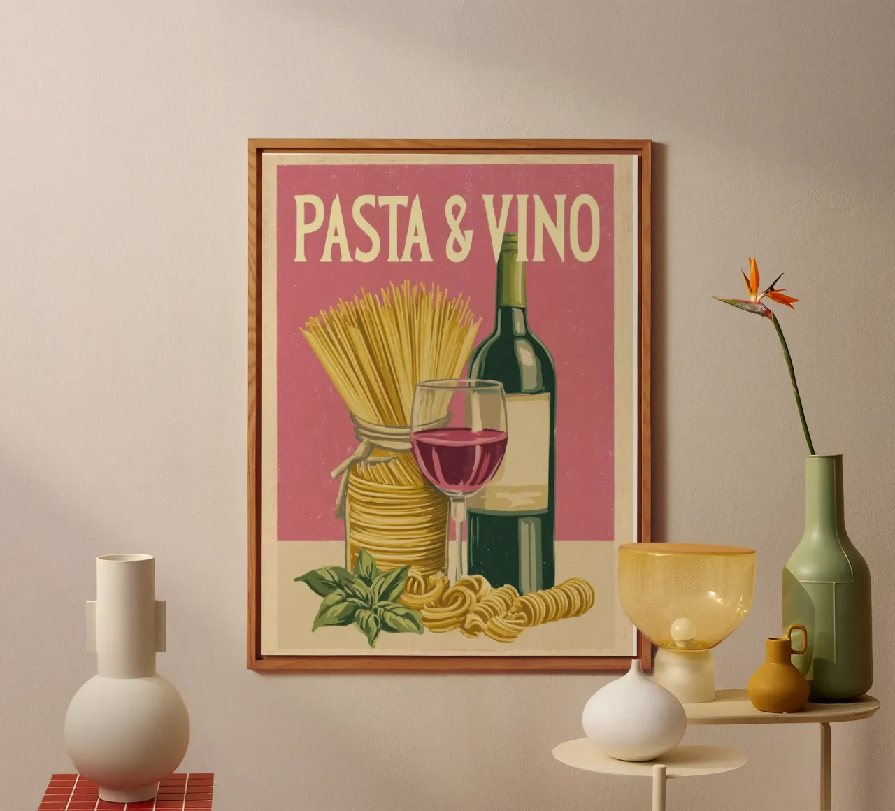 Pasta & Vino Retro Poster with Wine, Spaghetti & Basil alluminio dibond da Modern Muse
