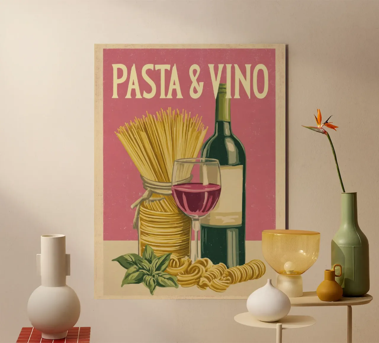 Pasta & Vino Retro Poster with Wine, Spaghetti & Basil alluminio dibond da Modern Muse