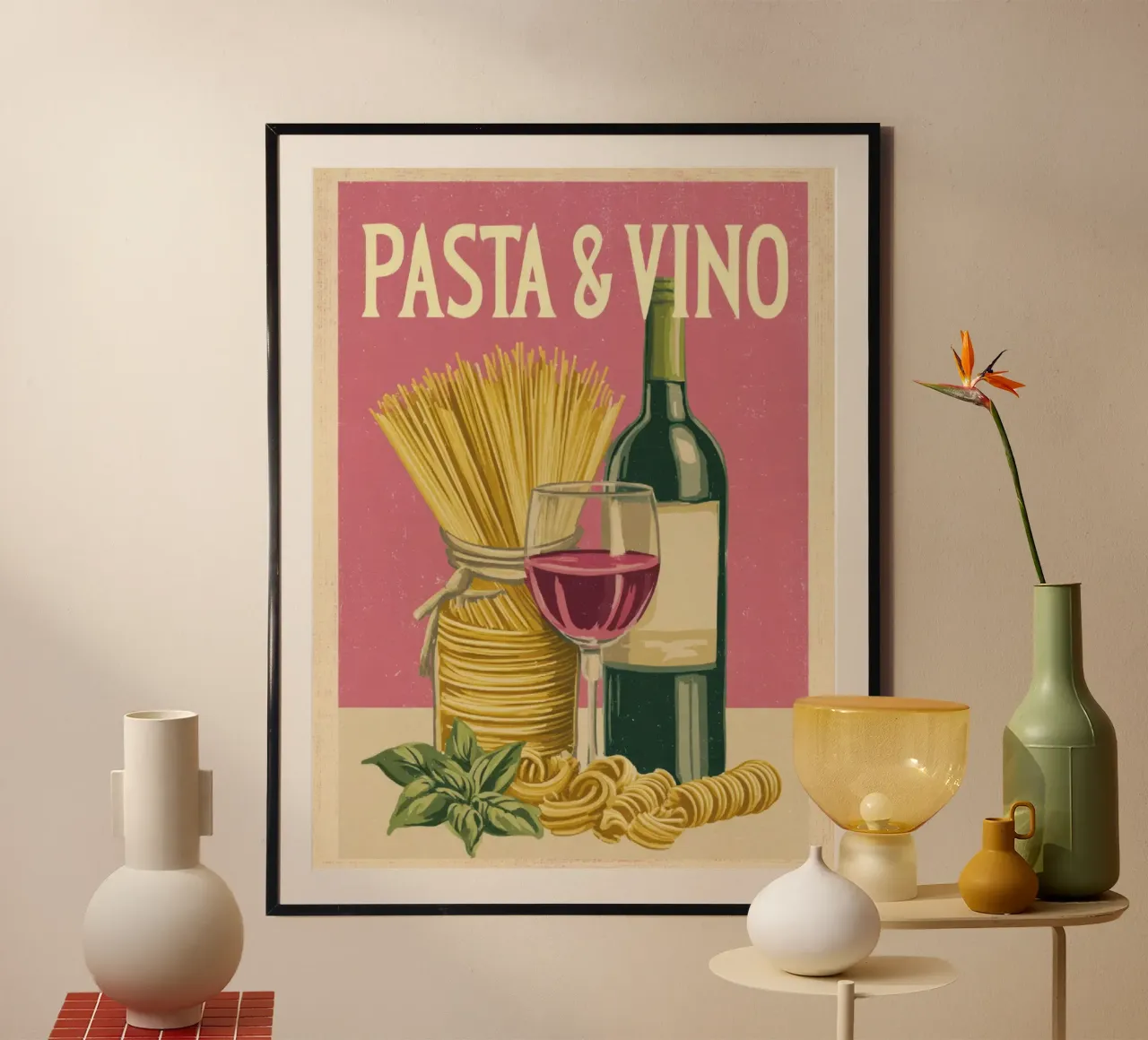 Pasta & Vino Retro Poster with Wine, Spaghetti & Basil carta hahnemühle da Modern Muse