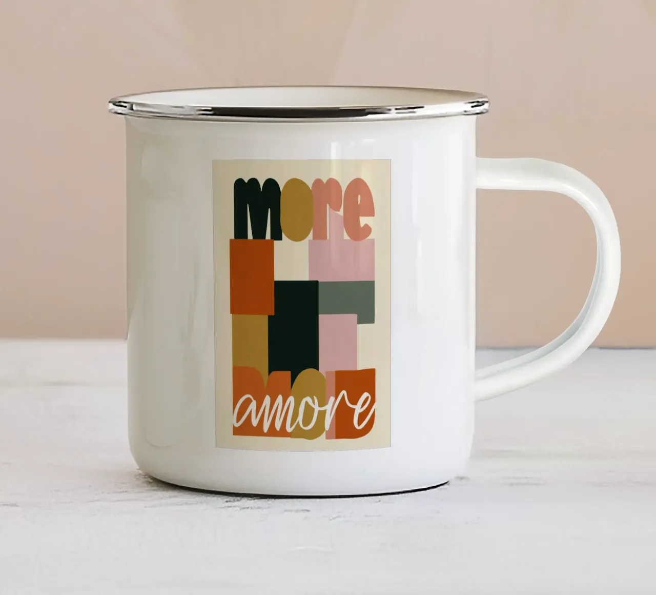 Mehr Amore Bold 70s Boho Abstract Typografie Emaille Tasse von Modern Muse