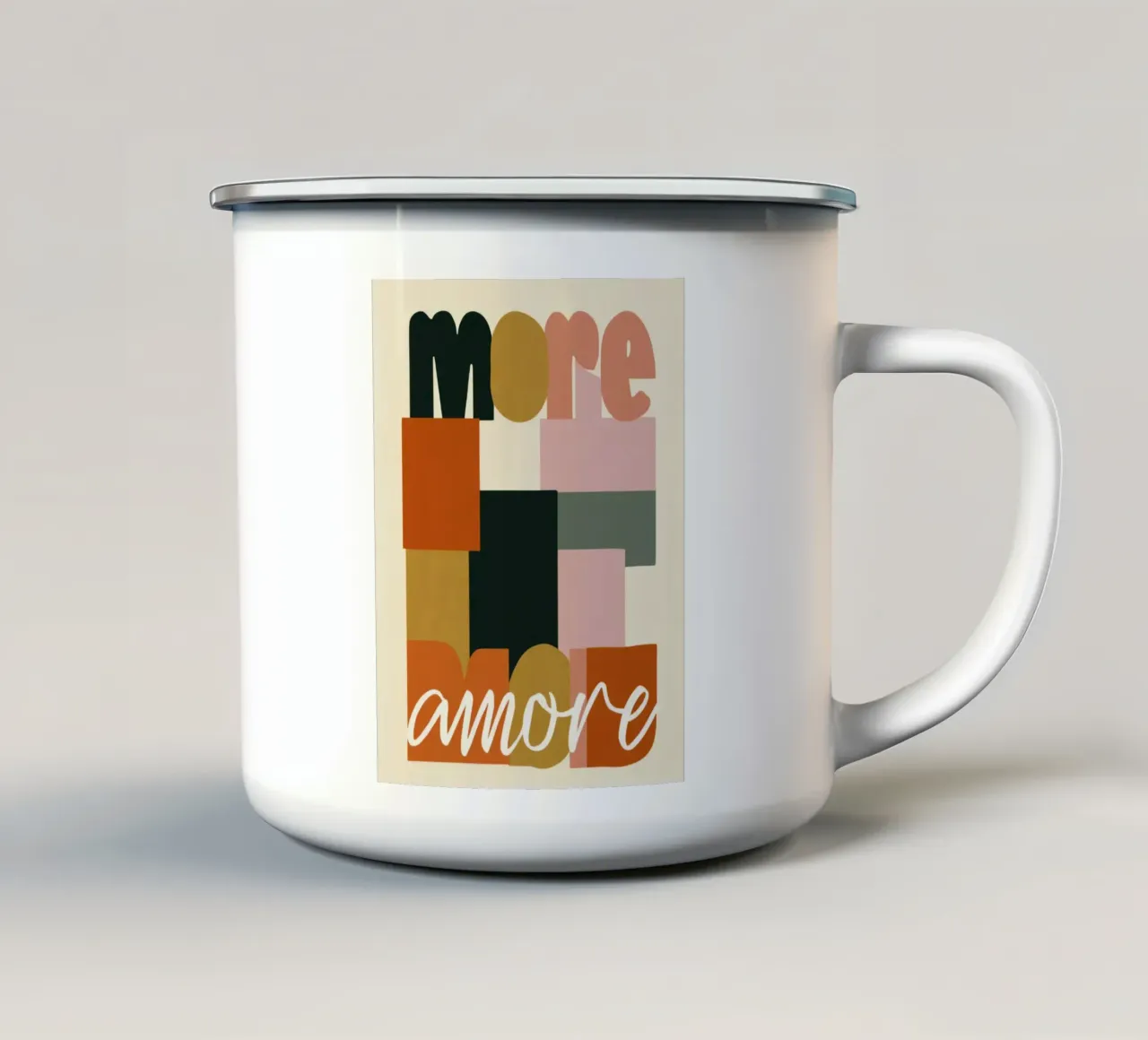 Mehr Amore Bold 70s Boho Abstract Typografie Emaille Tasse von Modern Muse