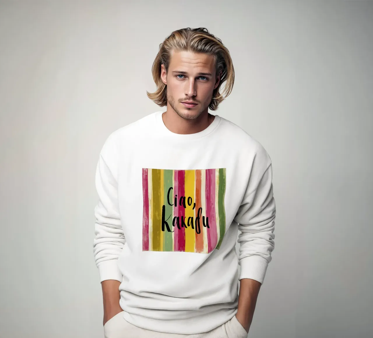 Ciao Kakadu Bold Typography on Colorful Retro Stripes sweatshirt by Modern Muse