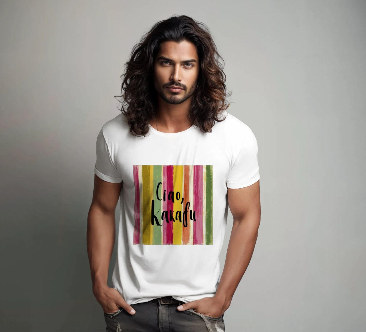 Ciao Kakadu: tipografia in grassetto su strisce colorate retrò t-shirt da Modern Muse