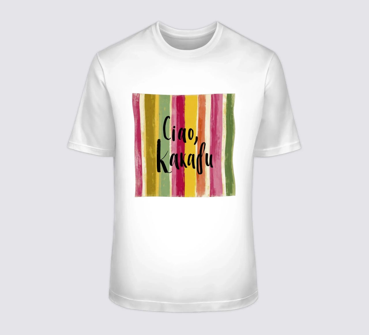 Ciao Kakadu: tipografia in grassetto su strisce colorate retrò t-shirt da Modern Muse