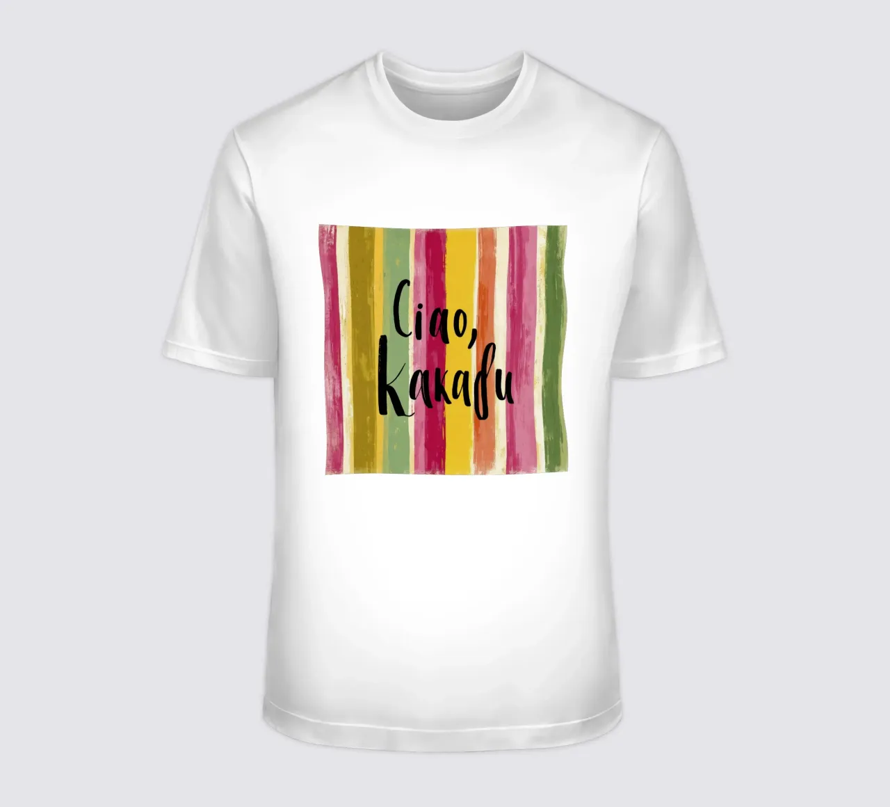 Ciao Kakadu Bold Typography on Colorful Retro Stripes t-shirt by Modern Muse