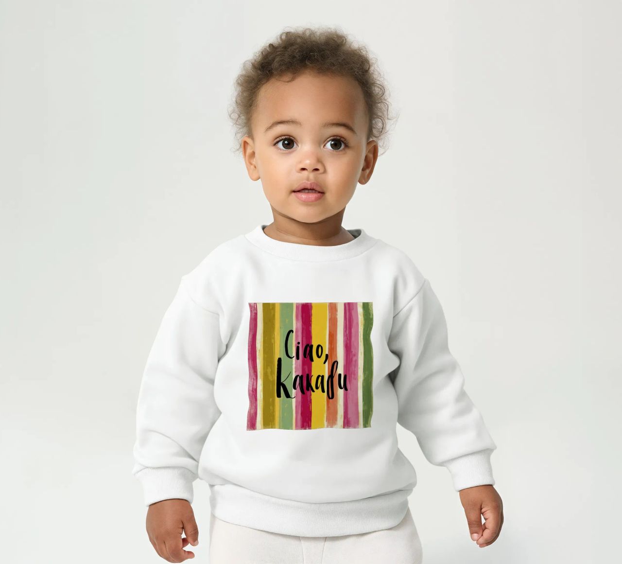 Ciao Kakadu: tipografia in grassetto su strisce colorate retrò felpa neonato da Modern Muse