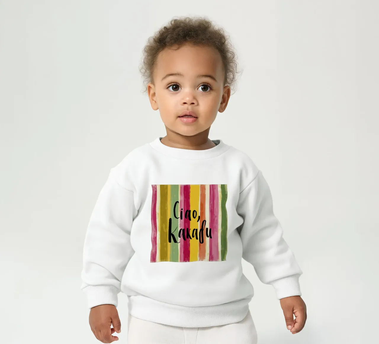 Ciao Kakadu: tipografia in grassetto su strisce colorate retrò felpa neonato da Modern Muse