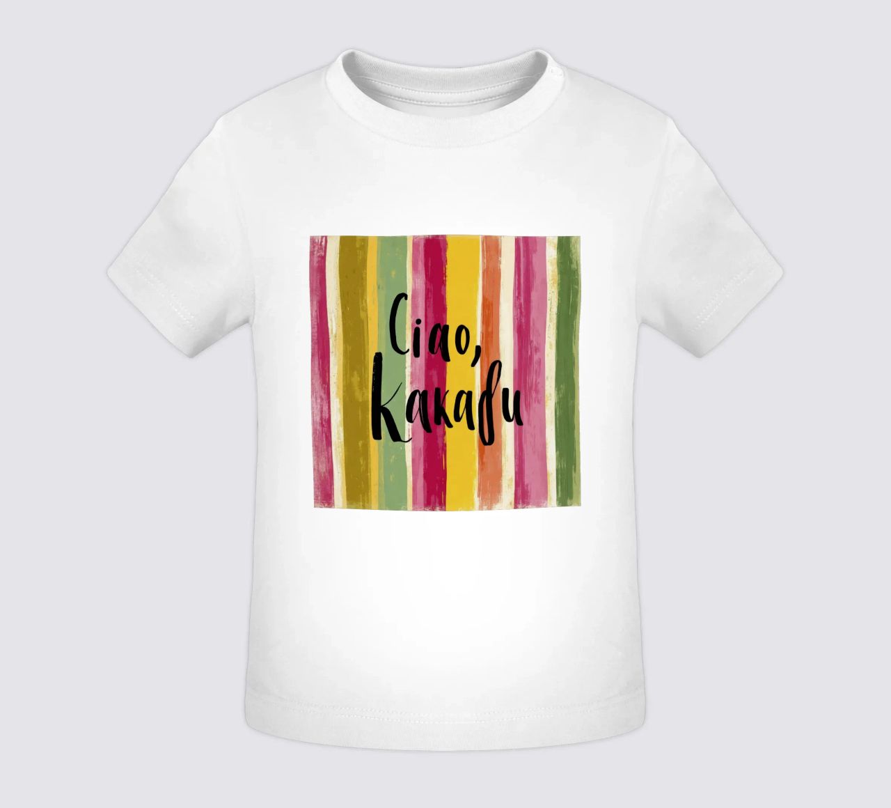 Ciao Kakadu: tipografia in grassetto su strisce colorate retrò maglietta neonato da Modern Muse