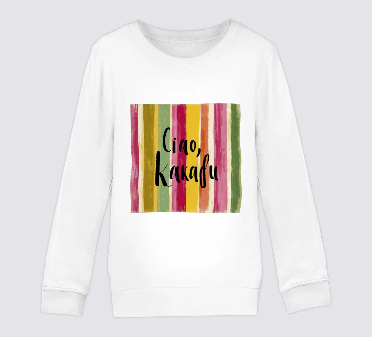 Ciao Kakadu: tipografia in grassetto su strisce colorate retrò felpa bambino da Modern Muse