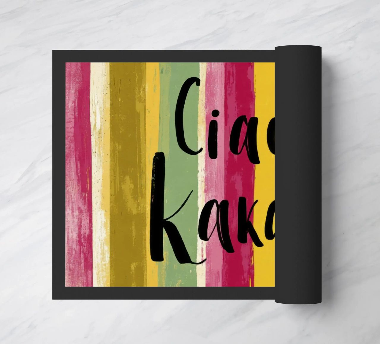 Ciao Kakadu: tipografia in grassetto su strisce colorate retrò zerbino da Modern Muse