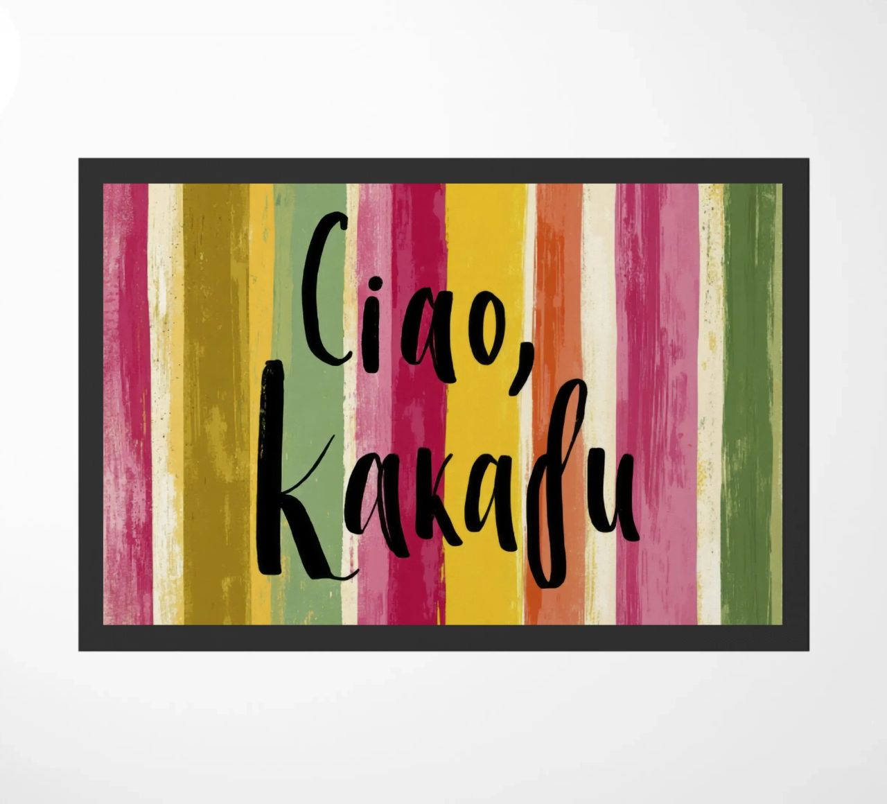 Ciao Kakadu: tipografia in grassetto su strisce colorate retrò zerbino da Modern Muse