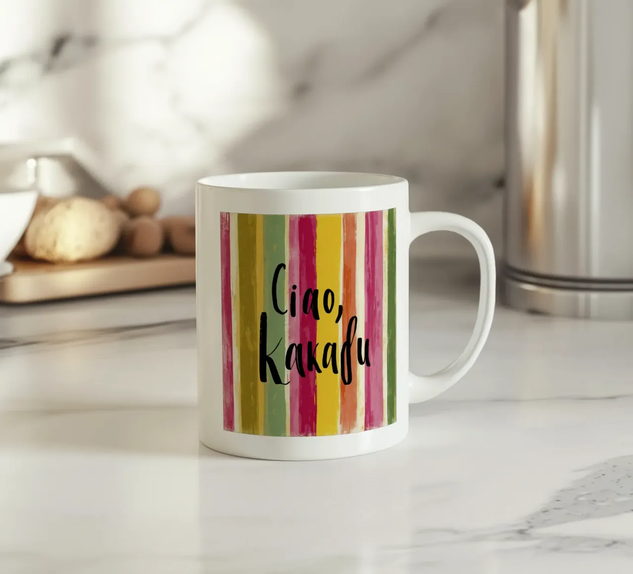 Ciao Kakadu Bold Typography on Colorful Retro Stripes ceramic mug by Modern Muse