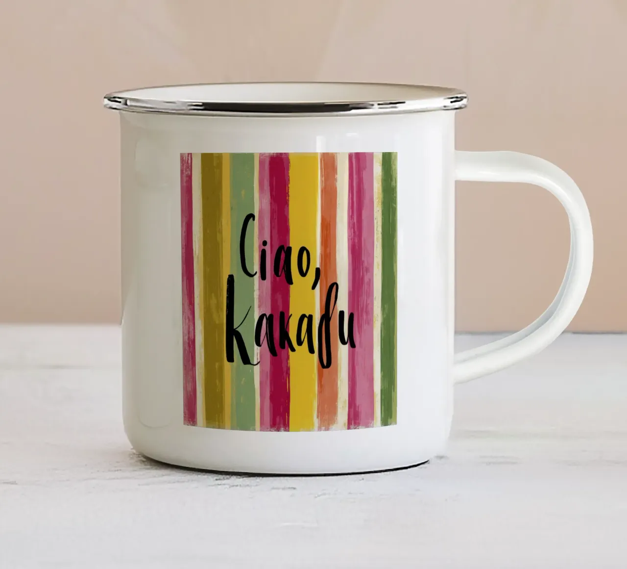 Ciao Kakadu Bold Typography on Colorful Retro Stripes enamel mug by Modern Muse