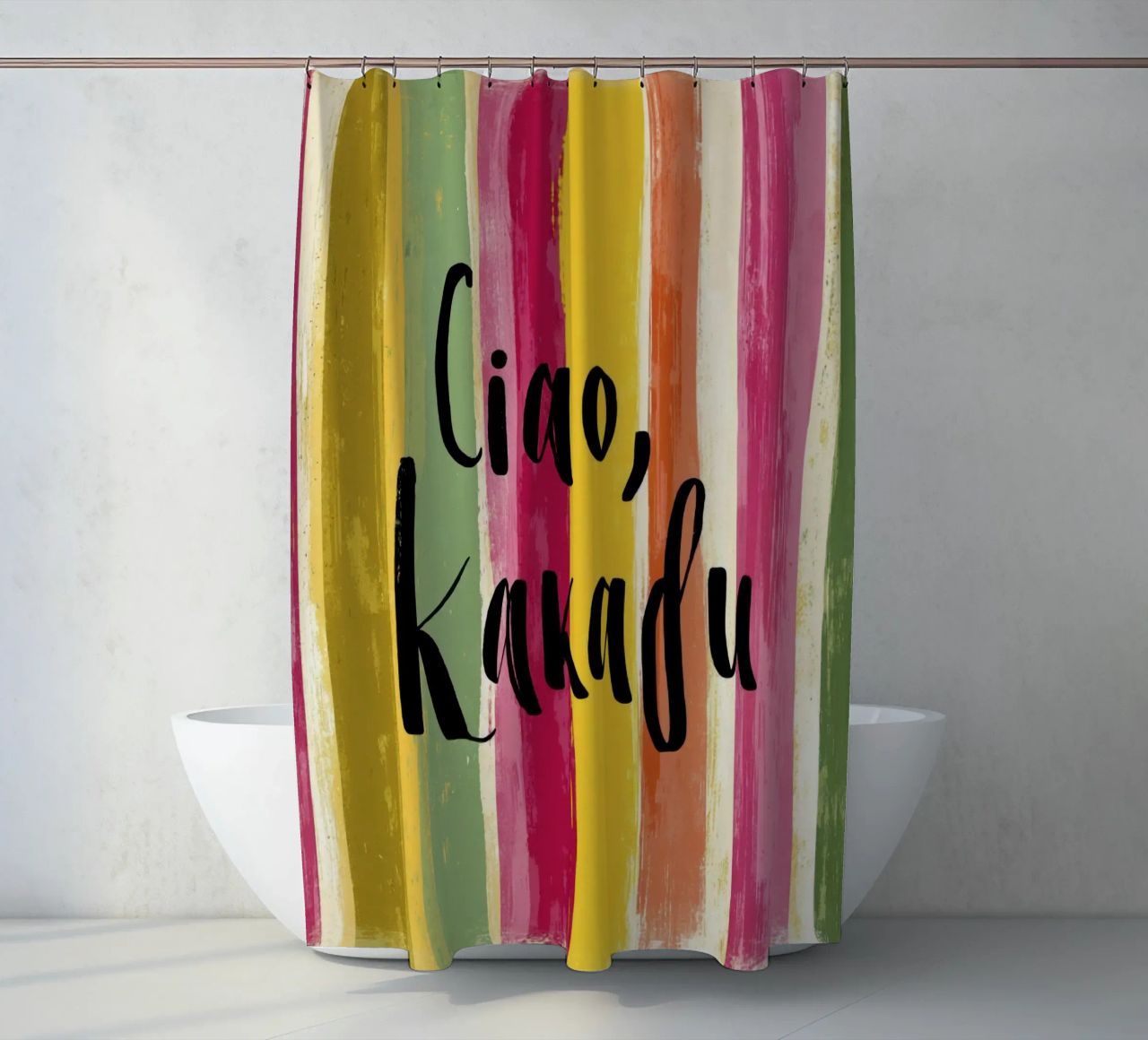 Ciao Kakadu: tipografia in grassetto su strisce colorate retrò tenda da doccia da Modern Muse