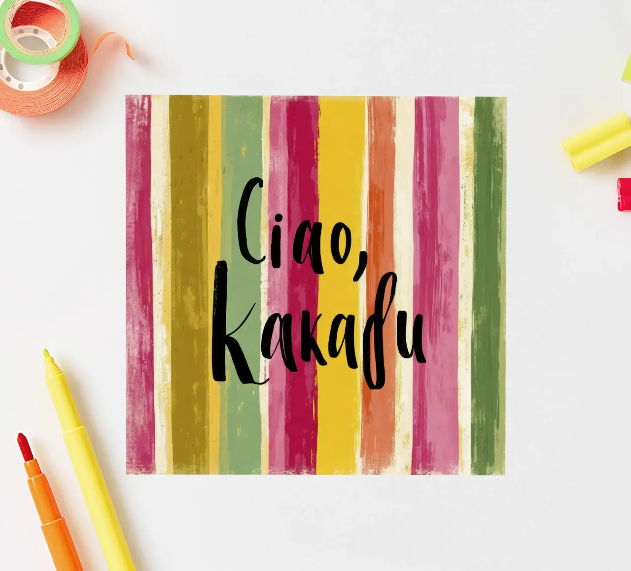 Ciao Kakadu: tipografia in grassetto su strisce colorate retrò adesivo da Modern Muse
