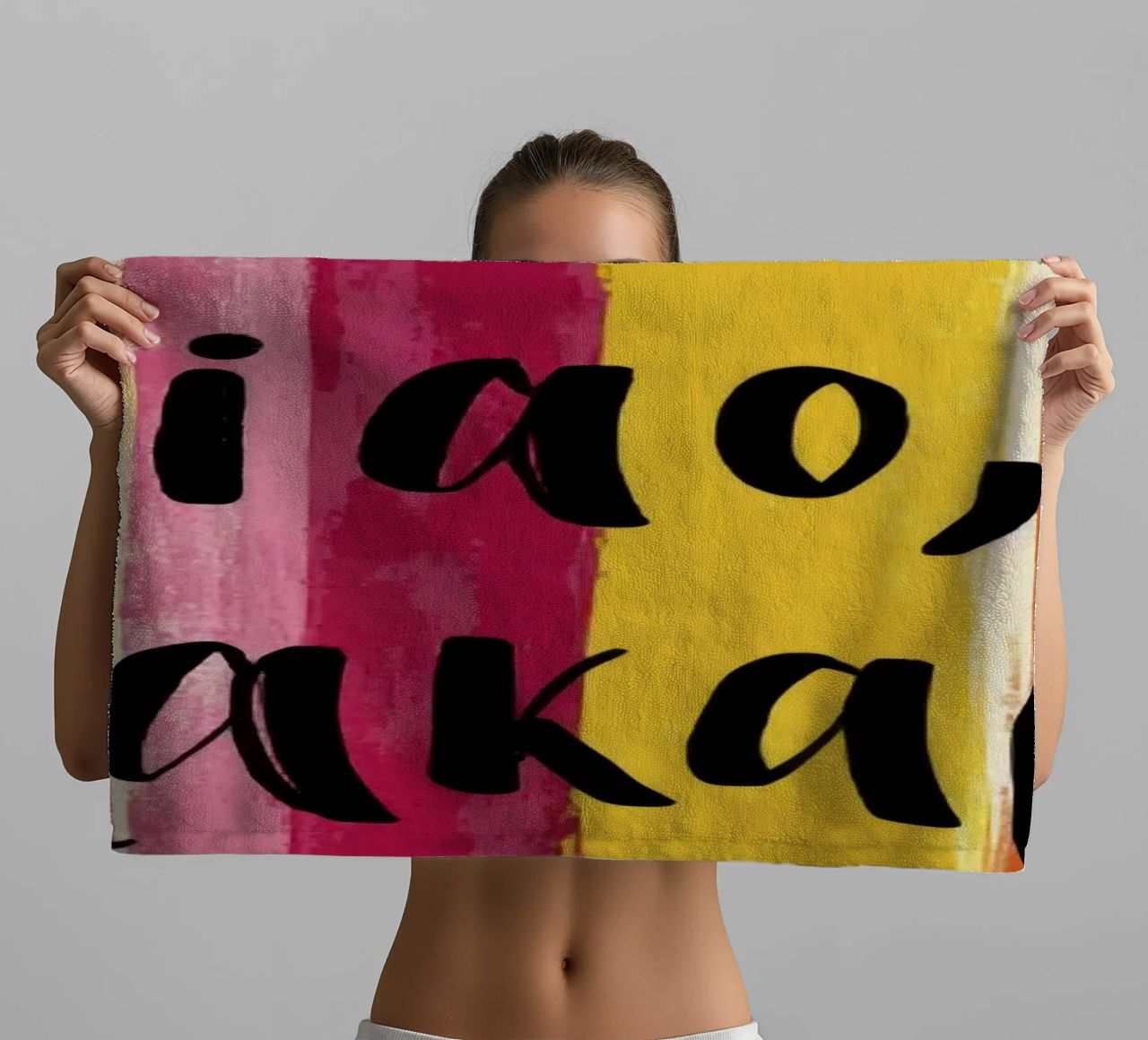 Ciao Kakadu Bold Typography on Colorful Retro Stripes towel by Modern Muse